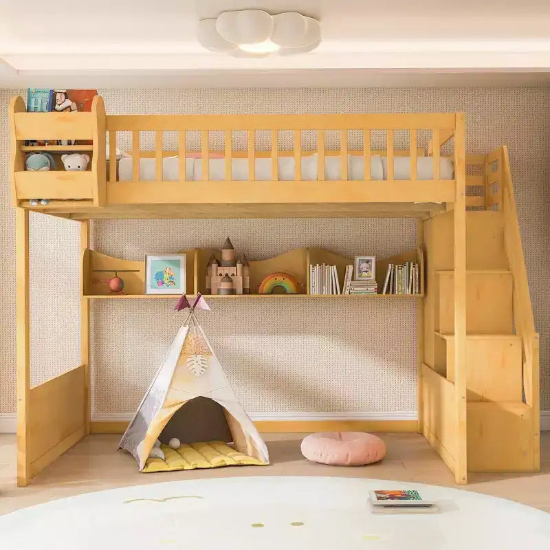 Queen-Hochbettgestell mit Treppe, Kleiderschrank & Regalen - MDF, 650 lb