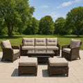 Gartenmöbel-Set aus braunem Polyrattan mit beigen Kissen, bestehend aus Sofa, Sesseln, Couchtisch und Hockern