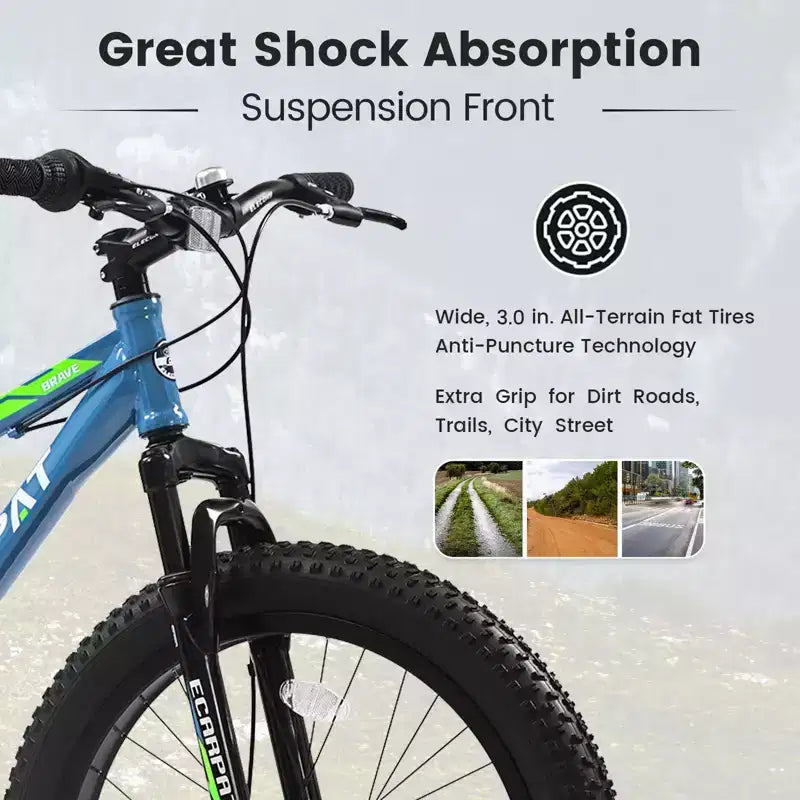 Okak 24-Zoll-Fatbike mit Vordergabel-Federung, 7-Gang-Mountainbike mit Scheibenbremsen und Rahmen aus kohlenstoffreichem Stahl, Trailbike für den täglichen Arbeitsweg