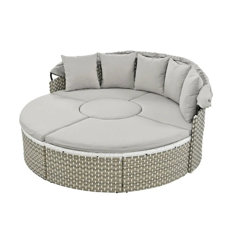 Rundes Outdoor-Tagesbett, zweifarbiges Flecht-Sonnenbett mit versenkbarem Dach