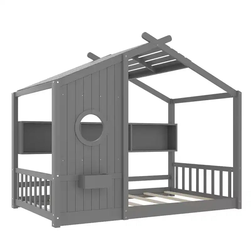 Bodenbett für Kinder in Twin-Größe, Montessori-Hausbett mit Ablagefach und Dachdesign