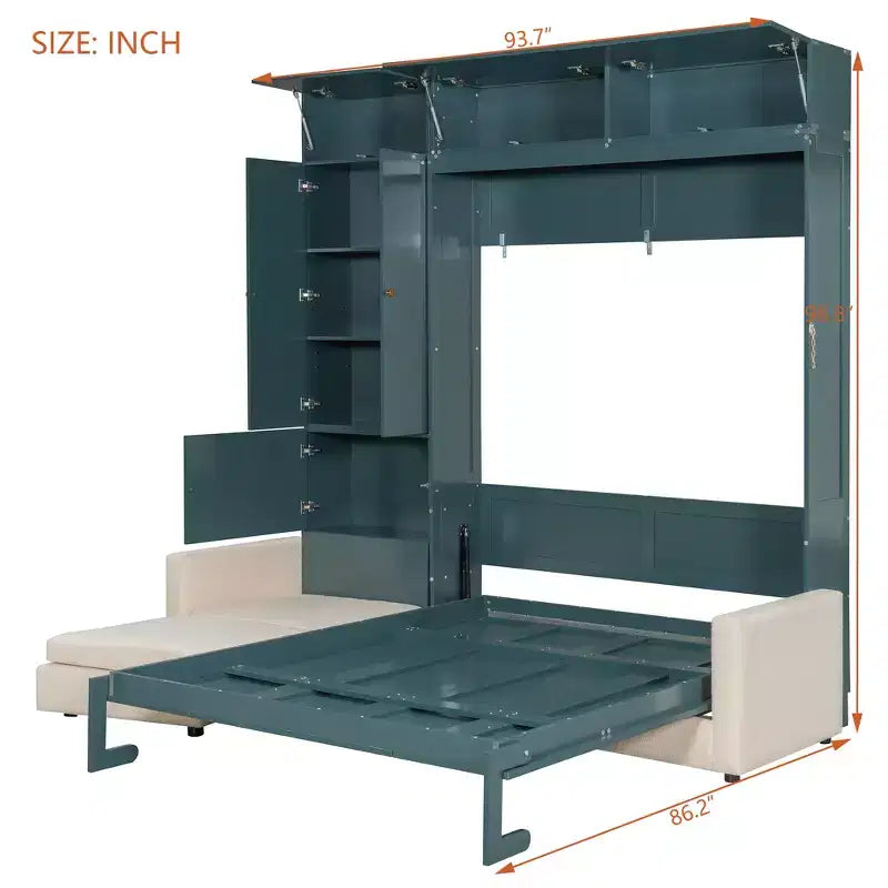 Schrankbett in Queen-Size mit Sofa und Schrank, hölzernes Queen-Size-Schrankbett als Wandbett mit Regalen, klappbares Wand-Schrankbett für Gästezimmer und Büro