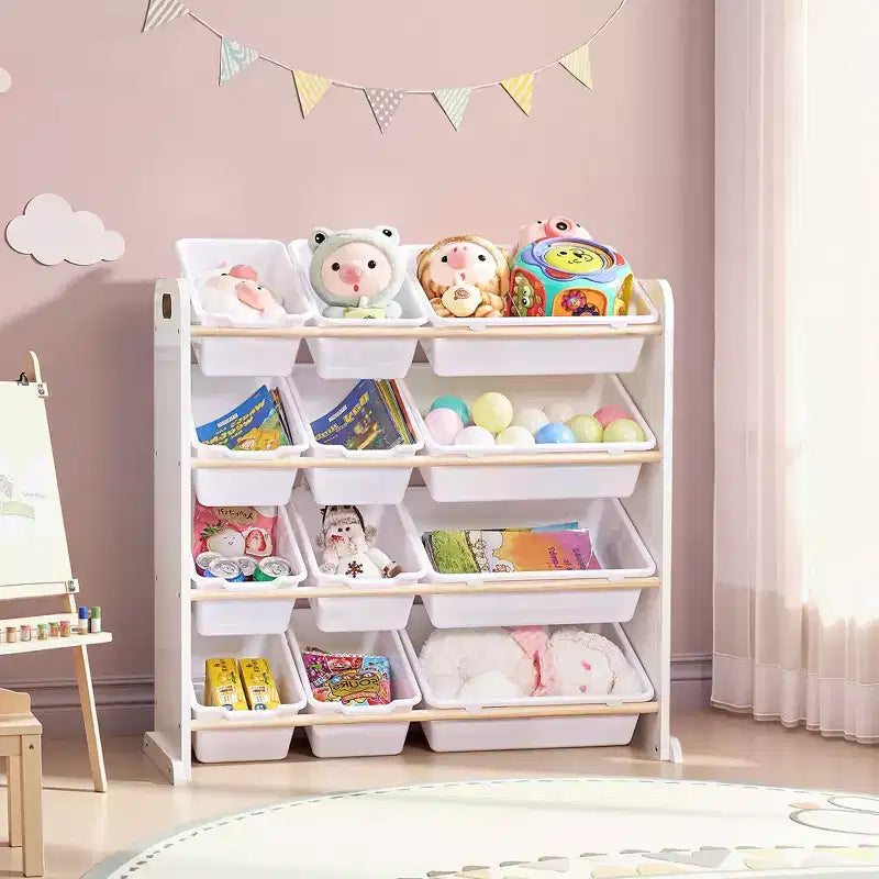 VECELO Kinder-Bücherregal mit Spielzeugaufbewahrung und 12 Körben, Spielzeugregal aus Holz für Kleinkinder, geräumige Spielzimmeraufbewahrung für Bücher oder Spielzeug