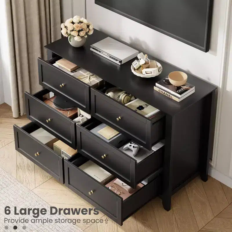 Kommode mit 6 Schubladen für das Schlafzimmer, große Kommode mit tiefen Schubladen & Metallknöpfen, modernes Holzschubladenelement für Eingangsbereich, Flur