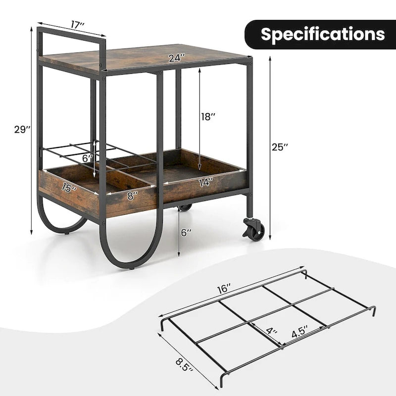 Rollbarer Servierwagen mit abnehmbarem Metalldraht-Weinregal - Braun - 24 x 17 x 29 (L x B x H)