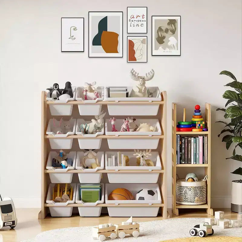 VECELO Kinder-Bücherregal mit Spielzeugaufbewahrung und 12 Körben, Spielzeugregal aus Holz für Kleinkinder, geräumige Spielzimmeraufbewahrung für Bücher oder Spielzeug