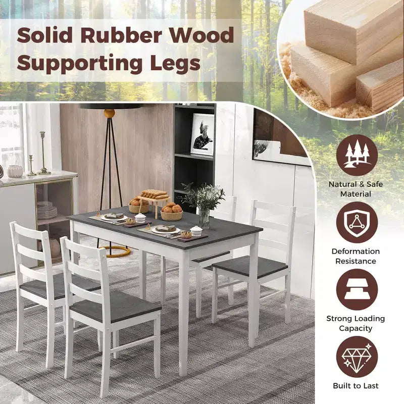Costway 5-teiliges Esszimmer-Set Massivholz Küchenmöbel mit rechteckigem Tisch & 4 Stühlen Natur/Kaffee/Grau