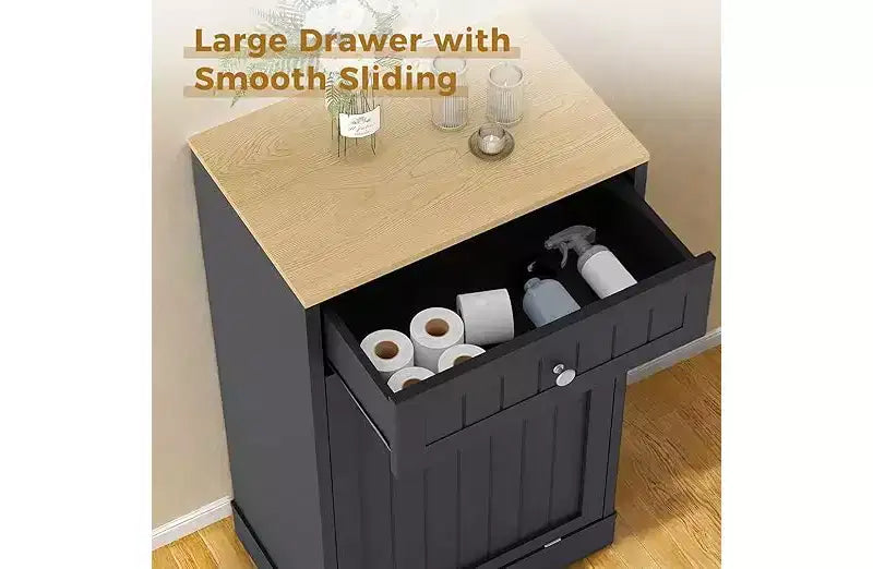 COZOWNY Müll- und Recyclingschrank aus Holz mit verdeckter Schublade, haustierfreundlicher freistehender Küchenmülleimerhalter, platzsparendes Design