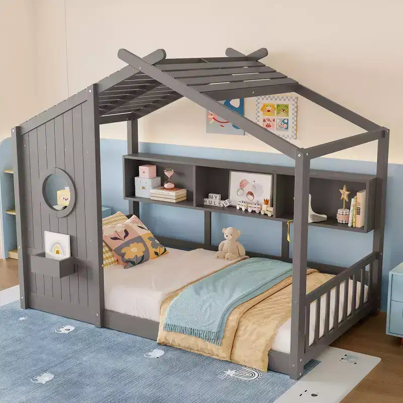 Bodenbett für Kinder in Twin-Größe, Montessori-Hausbett mit Ablagefach und Dachdesign