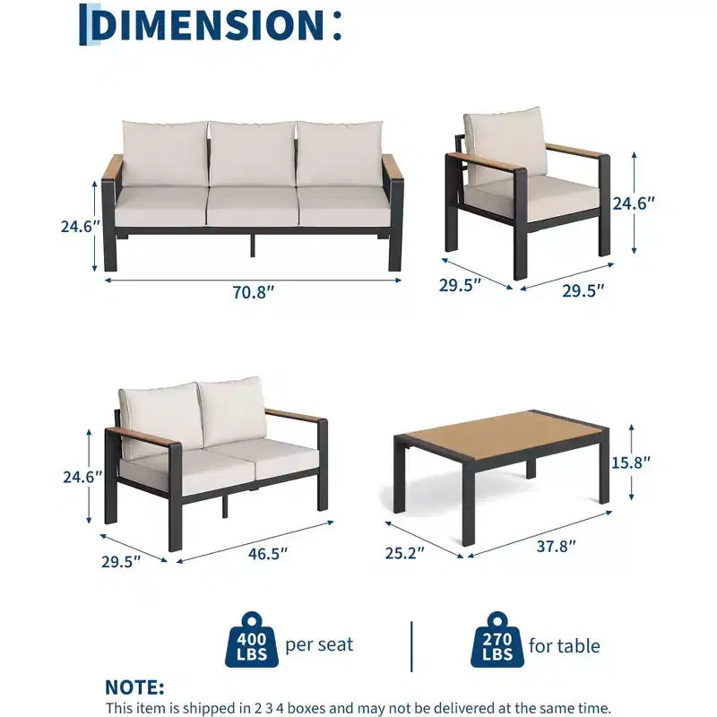 Aluminium-Terrassenmöbel-Set, Outdoor-Ecksofa mit 5 dicken Kissen, 4 Armlehnen & Couchtisch für Garten, Terrasse, Hinterhof