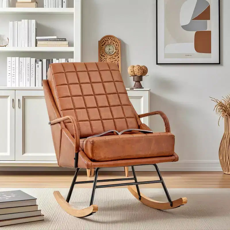 VECELO Polster-Schaukelstuhl aus Kunstleder/Teddy-Stoff, moderner Lounge-Schaukelsessel mit verstellbarer Rückenlehne, gepolsterter Sitzfläche und sicherem Gestell aus Massivholz, Weiß/Braun