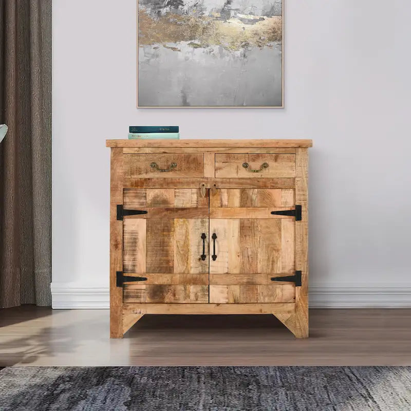 99 cm handgefertigte Farmhouse-Konsole aus Mangoholz, mit 2 Schubladen und 2 Türen, rustikales Braun