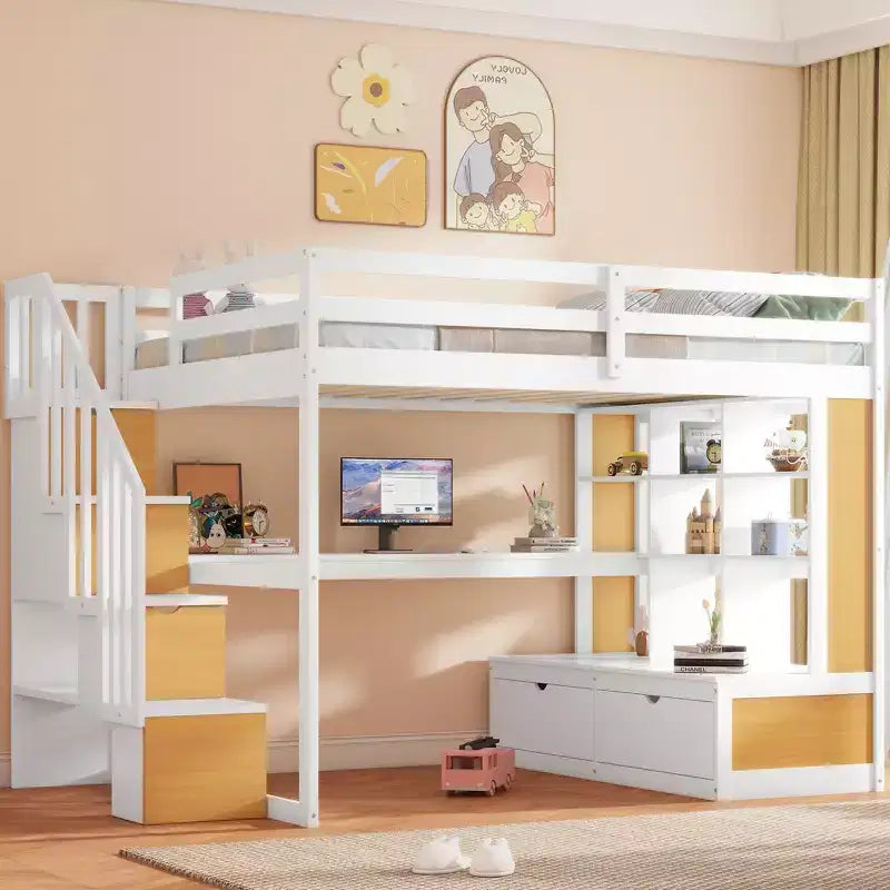 Full-Size-Hochbett mit Treppe und Schreibtisch, Hochbettgestell aus Holz mit Staufächern und Bücherregalen für Erwachsene, Teenager und Kinder
