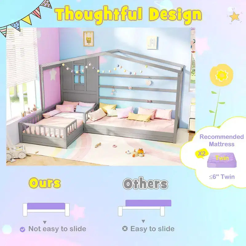 L-förmiges Etagenbett-Set mit Haus-Design, Fenster und Zäunen – Grau/Weiß