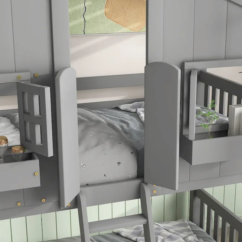 Etagenbett „Haus“ für zwei, mit Dach, Fenster, Blumenkasten und Tür, inklusive Sicherheitsgeländern und Leiter, Grau