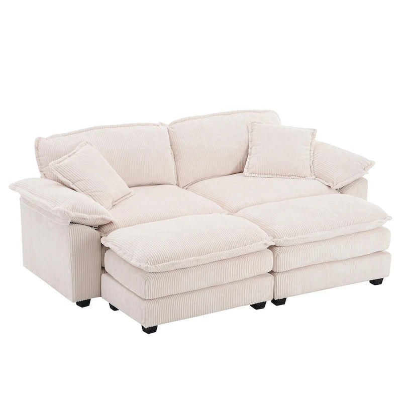 Modernes 2-Sitzer-Sofa aus Cord mit 4 Stützkissen und 2 Hockern