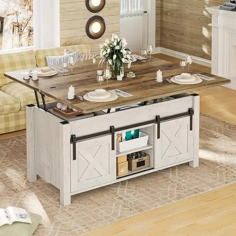 Couchtisch mit Hubplatte, 2 Schiebetüren im Scheunentor-Design und Stauraum, Esstisch