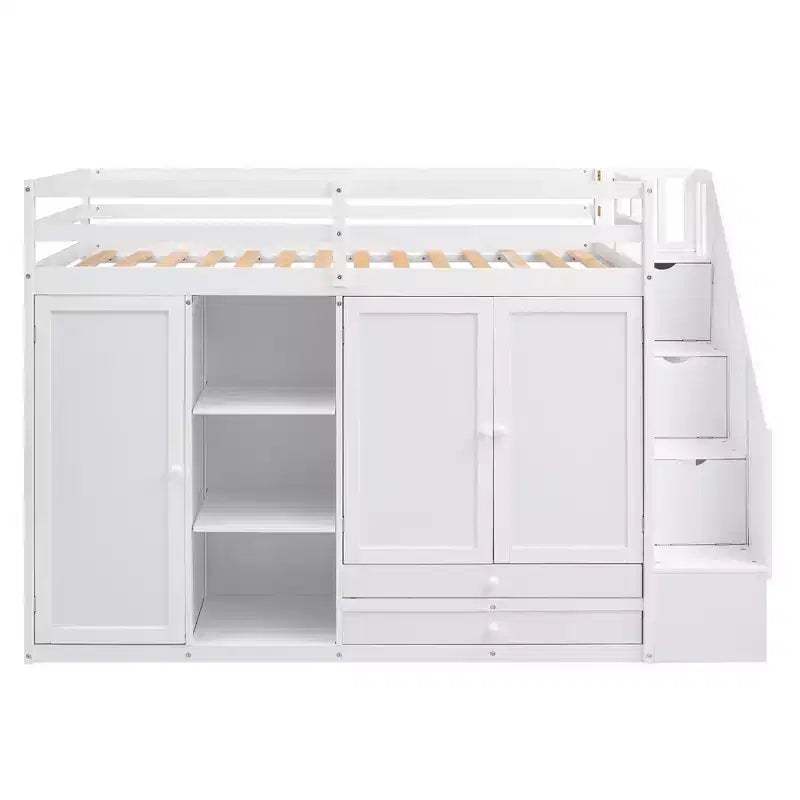 93,3 Funktionales Hochbett mit Kleiderschränken, Regalen, Schubladen und Stauraumleiter