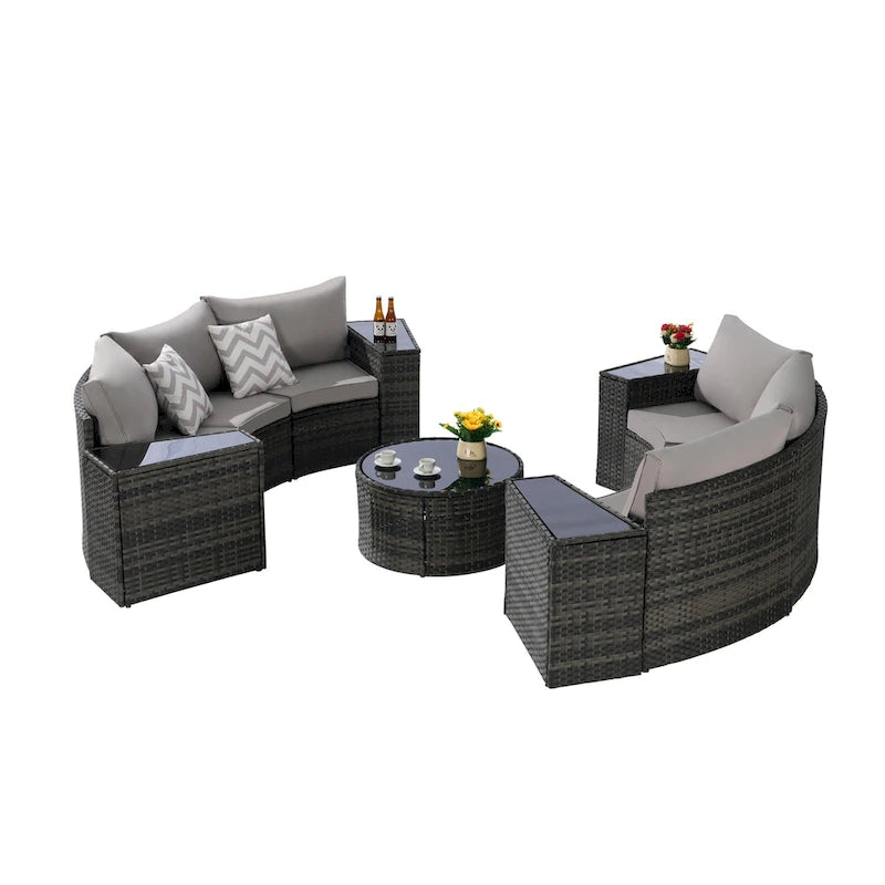 11-teiliges modulares Outdoor-Sofa-Set mit halbrunden Elementen, Couchtisch aus gehärtetem Glas und 4 Beistelltischen