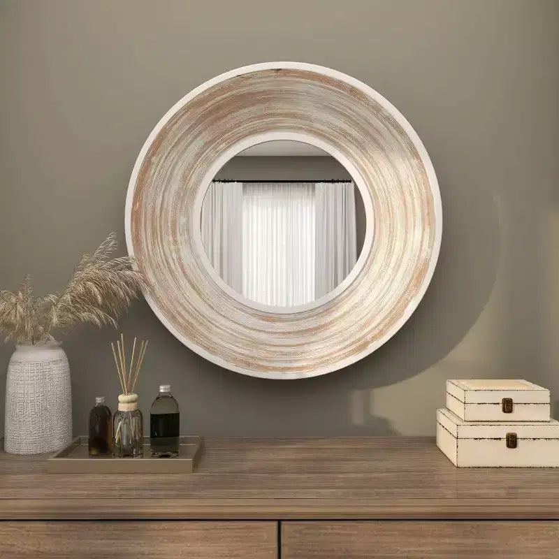 35x35 Wandspiegel aus Holz mit weiß gekalkter Optik in Creme – Olivia & May: Keine Montage erforderlich, MDF-Rahmen, für den Innenbereich