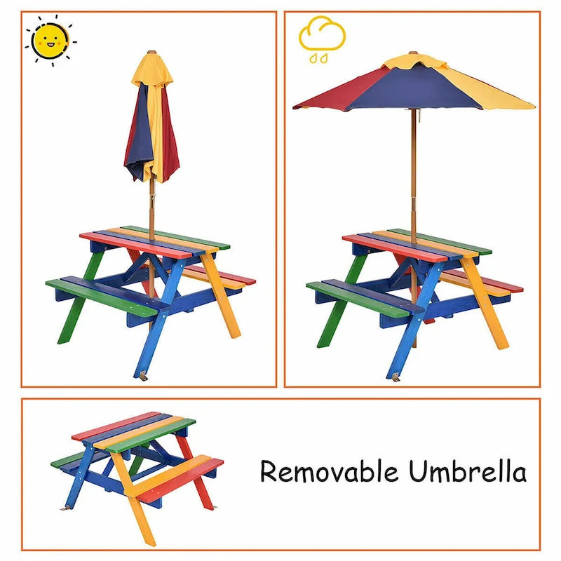 Costway 4-Sitzer Kinderpicknicktisch mit Sonnenschirm, faltbar für Garten und Hof