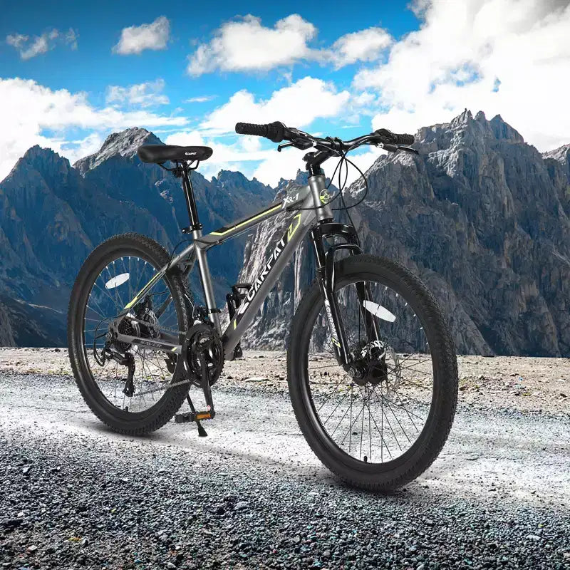 Okak 24 Zoll Mountainbike mit Stahlrahmen, Kinderfahrrad mit Shimano 21-Gang-Schaltung, doppelten Scheibenbremsen und Vordergabel-Federung, Fahrrad für Jugendliche