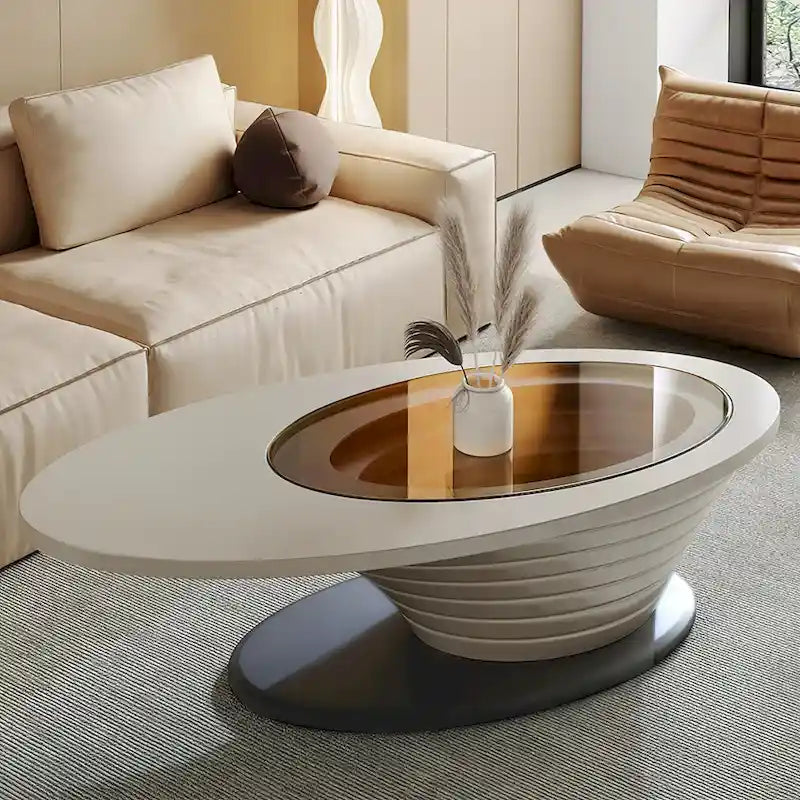 Leichter Luxus Moderner minimalistischer Couchtisch mit ovaler Glasplatte und grauem Gestell 51 Zoll – L 51,18 B 25,59 H 14,37