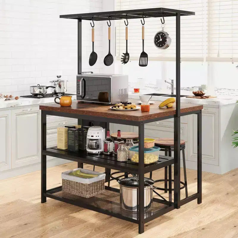 Kücheninsel mit Stauraum, Bäckerregal, Kücheninsel-Tisch, Mikrowellenständer mit 3 Ablagen und Ofenregal, großer Kaffeebartisch, Ablageregal, 5 Haken