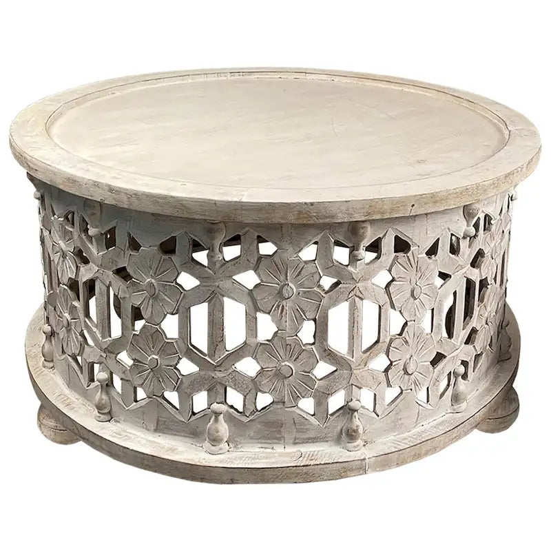 30-Zoll rundes zweiteiliges Holz-Couchtischset mit geschnitztem Blumenmotiv in Antikweiß