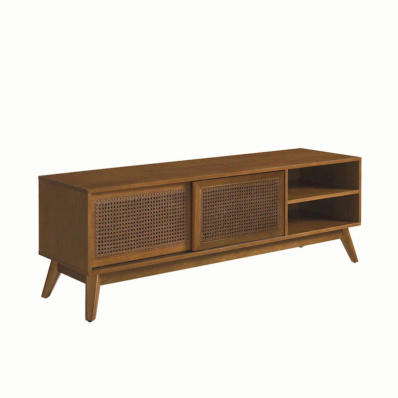 Vintage Rattan TV-Schrank mit 2 Staufächern und 4 Holzbeinen für Wohnzimmer, Schlafzimmer und Büro