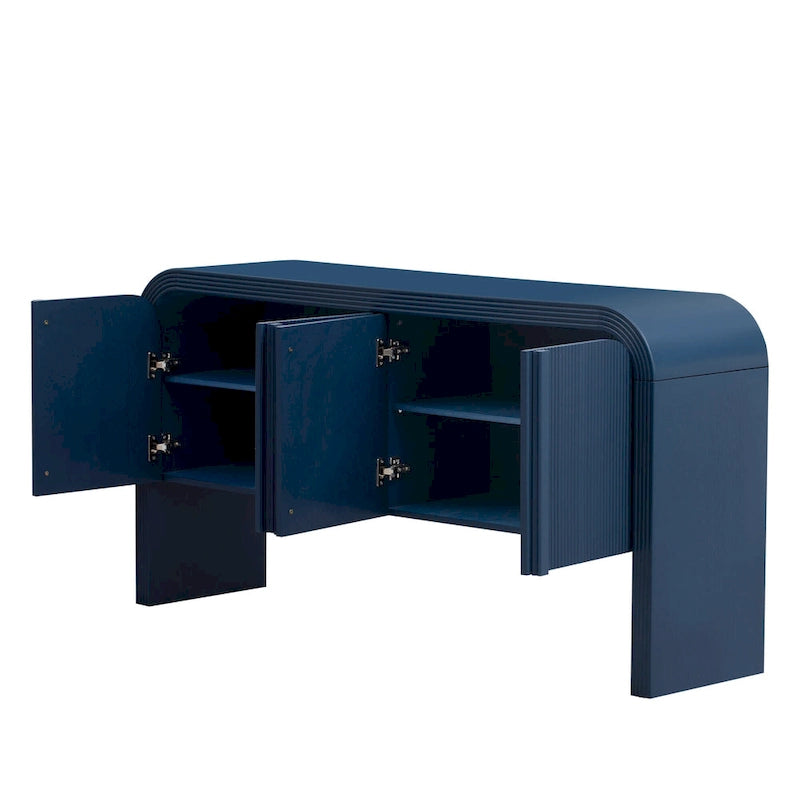 Geschwungenes Aufbewahrungsschrank-Sideboard mit 4 gestreiften Türen und verstellbaren Einlegeböden, moderner Flurschrank mit Kiefernholzbeinen