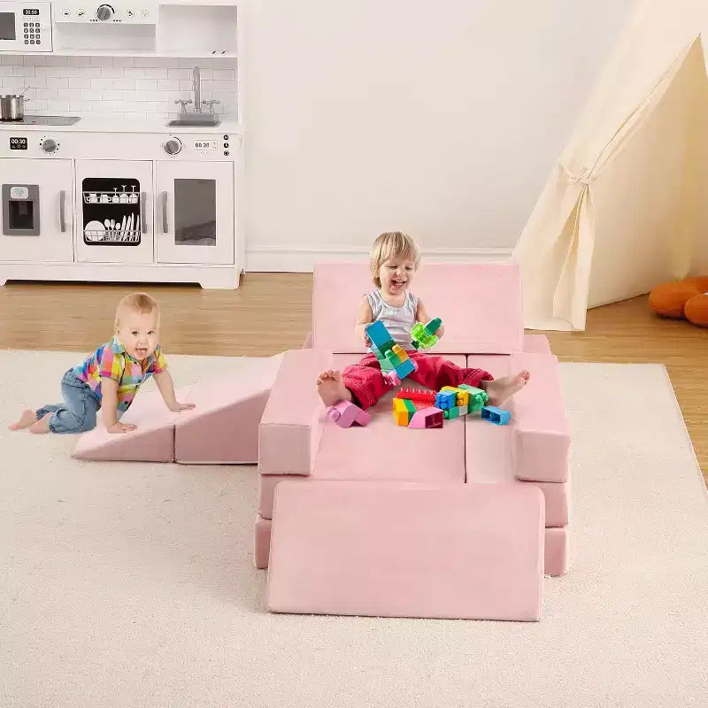 Indoor-Klettersofa, 12-teilige modulare Spielcouch mit quadratischem Bällebad & Kletterrampe, Kissen-Spielset