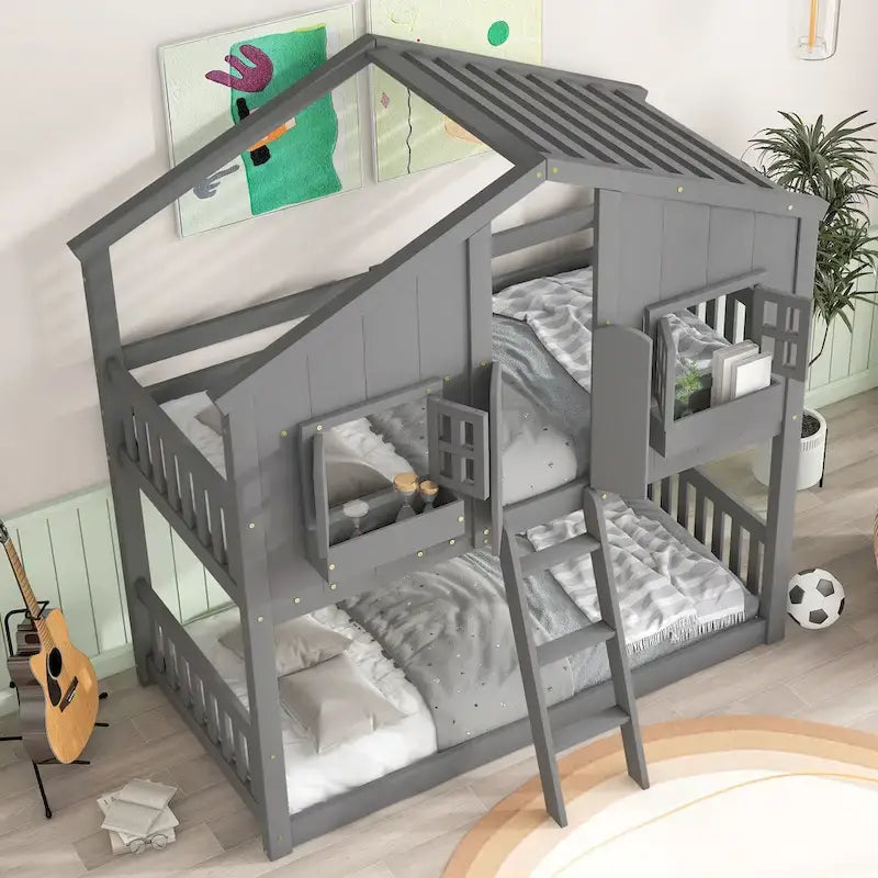 Etagenbett „Haus“ für zwei, mit Dach, Fenster, Blumenkasten und Tür, inklusive Sicherheitsgeländern und Leiter, Grau