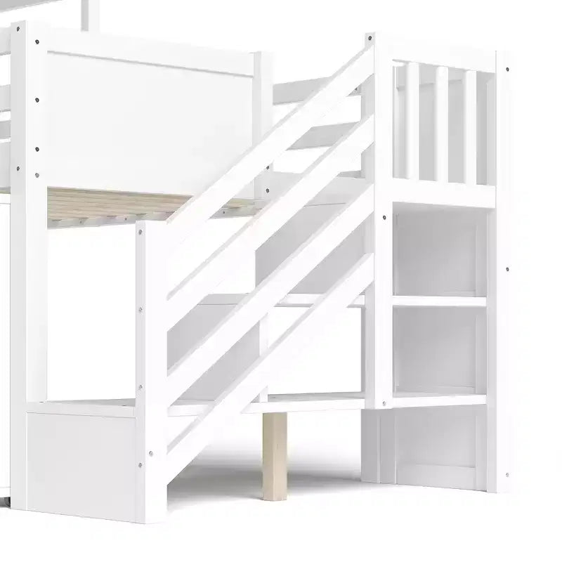 Einzel-Hochbett mit 3 Schubladen und Treppenregal, Hausbett-Gestell aus Holz mit Rutsche und herausziehbarem Schreibtisch