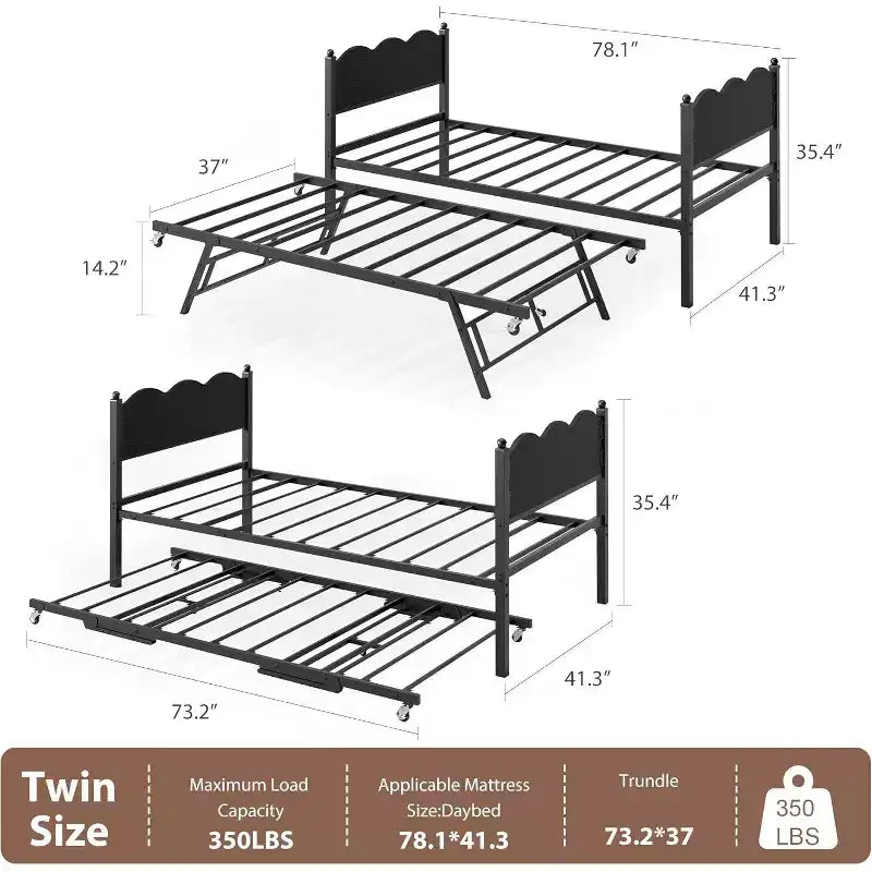 Tagesbett in Twin-Größe mit Ausziehbett, Metallrahmen mit Kopfteil in Holzoptik, feststellbare Rollen, platzsparendes Schlafsofa, kein Lattenrost erforderlich
