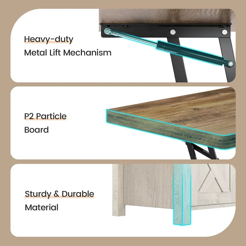 Couchtisch mit Hubplatte, 2 Schiebetüren im Scheunentor-Design und Stauraum, Esstisch