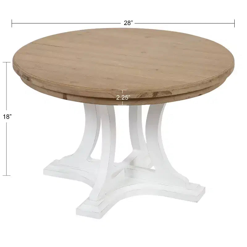 Runder Couchtisch aus Holz, rustikales Braun und Weiß, Kreuzfußgestell