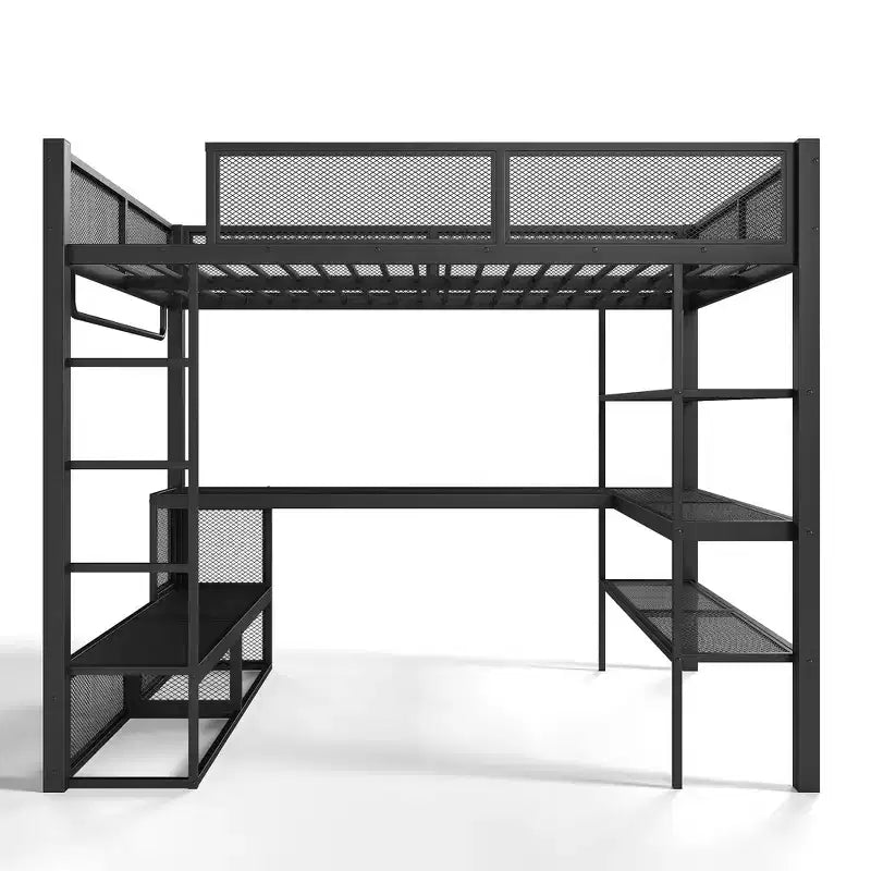 Bellemave Queensize-Metallhochbett mit Schreibtisch, Ablagefächern und Kleiderstange, platzsparendes Hochbettgestell mit Schutzgittern und Leiter, kein Lattenrost erforderlich, Schwarz