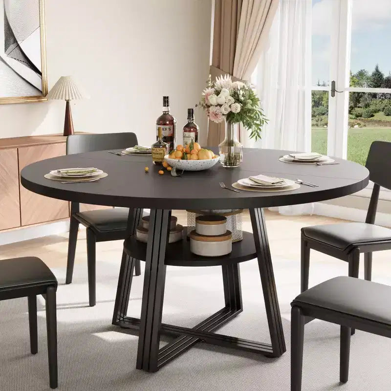 Runder Esstisch für 4-6 Personen, 47 Küchen-Esstisch mit Ablagefach, Holztisch mit Metallgestell für Zuhause und Wohnzimmer, ohne Stühle