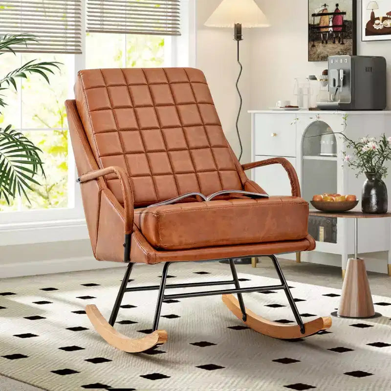 VECELO Polster-Schaukelstuhl aus Kunstleder/Teddy-Stoff, moderner Lounge-Schaukelsessel mit verstellbarer Rückenlehne, gepolsterter Sitzfläche und sicherem Gestell aus Massivholz, Weiß/Braun