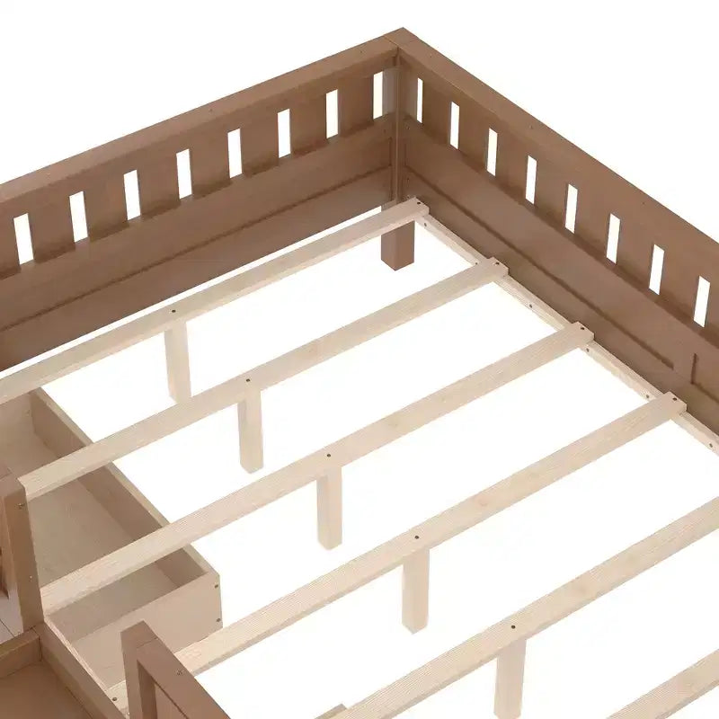 Bellemave Queen-Size-Kleinkindbett mit 14 Sicherheitsgeländern, platzsparender Bettrahmen mit integrierten Bücherregalen & 2 Schubladen unter dem Bett