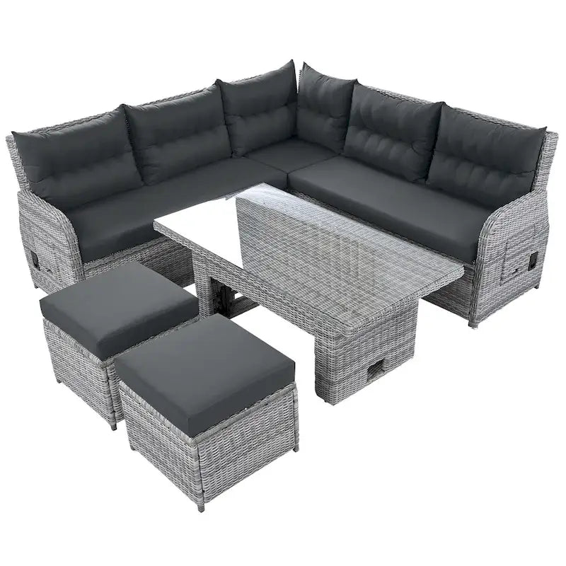 Outdoor-Rattan-Ecksofa-Set mit verstellbarem Tisch und Relaxsesseln
