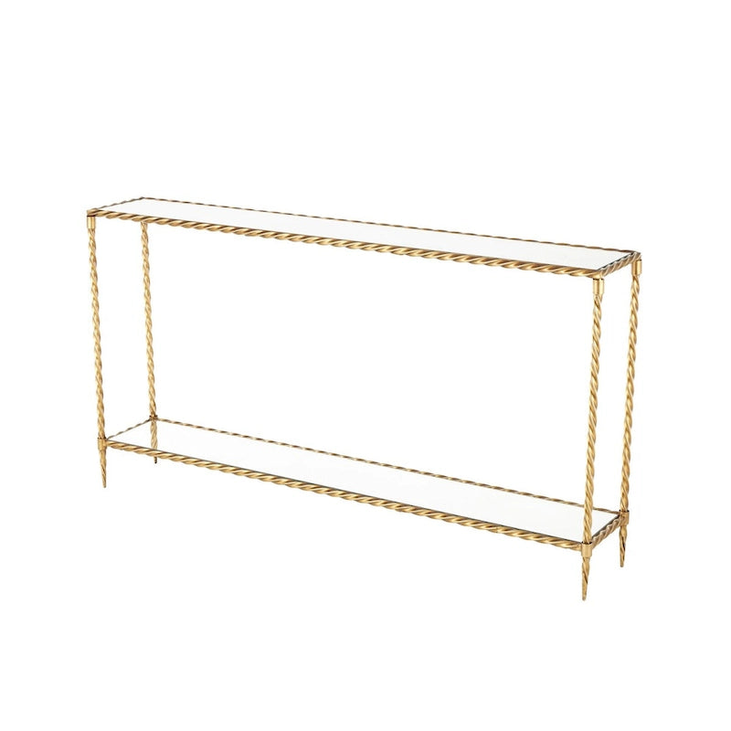 Konsole mit 1 Ablage im Stil eines gedrehten Metallseils mit verspiegelter Glasplatte und Ablage - Gold - Roche River Decor