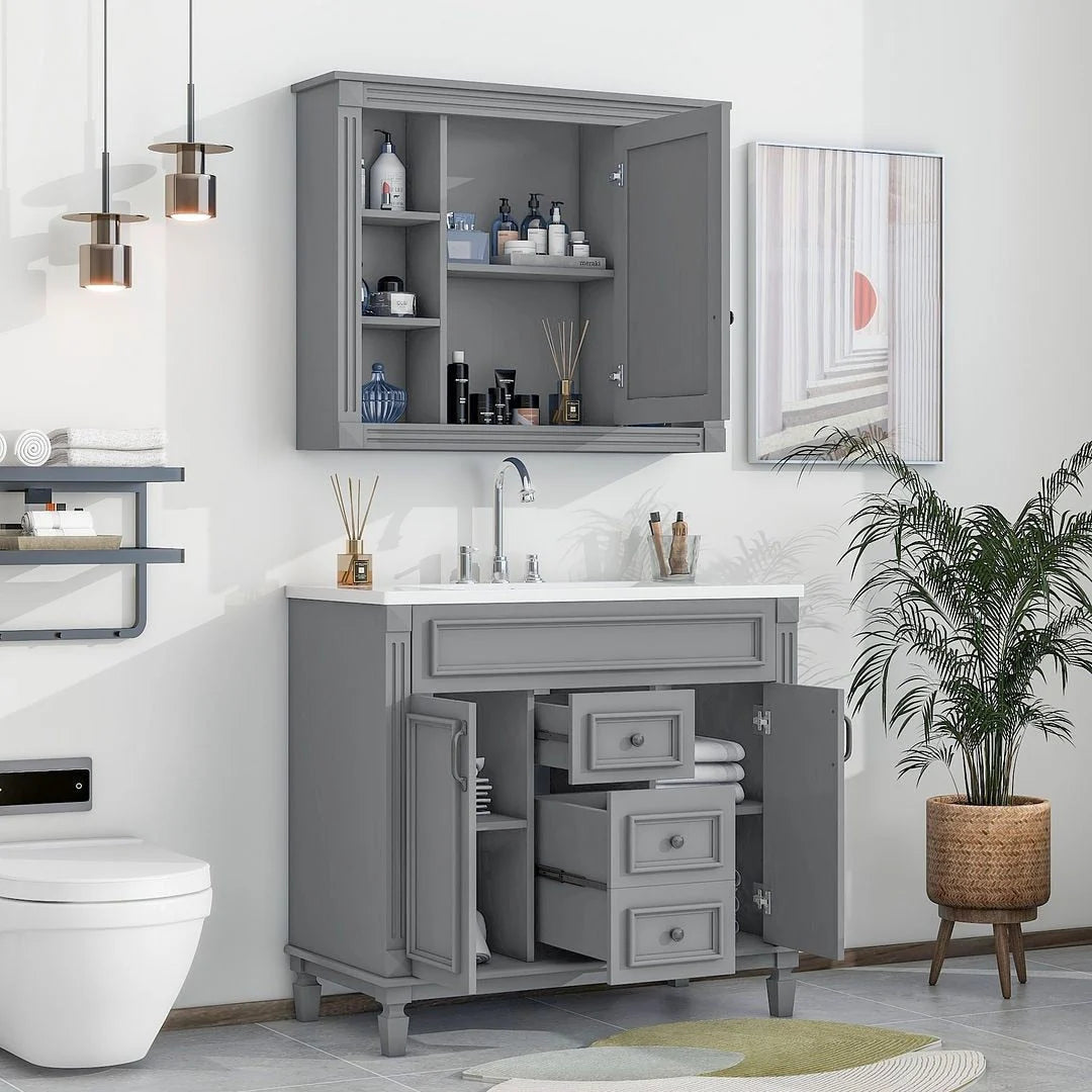 36" Moderner Badezimmer-Waschtisch mit Aufsatzwaschbecken und Spiegelschrank, 2 Türen und 2 Schubladen