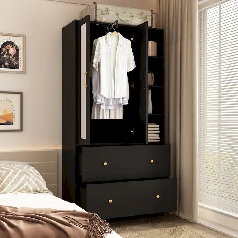 Kleiderschrank mit Spiegel, verstellbarer Kleiderstange und platzsparendem Design