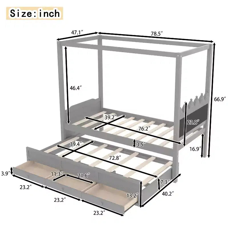 Doppel-/Einzelbett-Plattformbett mit Ausziehbett, Prinzessinnen-Himmelbett aus Holz mit 3 Schubladen, Stauraumbett mit gepolstertem Kopfteil für das Schlafzimmer