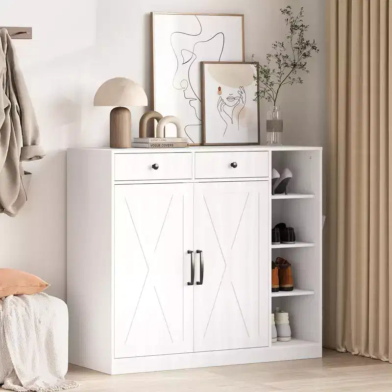Schuhschrank, Schuhaufbewahrungsschrank im Landhausstil mit 2 Stalltüren, Schubladen, verstellbaren Einlegeböden & Haken für Eingangsbereich und Flur