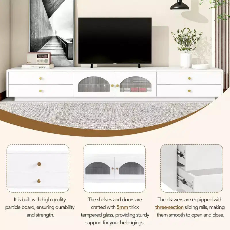 TV-Ständer für 95-Zoll-Fernseher, extra lange Medienkonsole mit 2 Türen und 4 Schubladen, großer TV-Schrank mit geriffelten Glastüren
