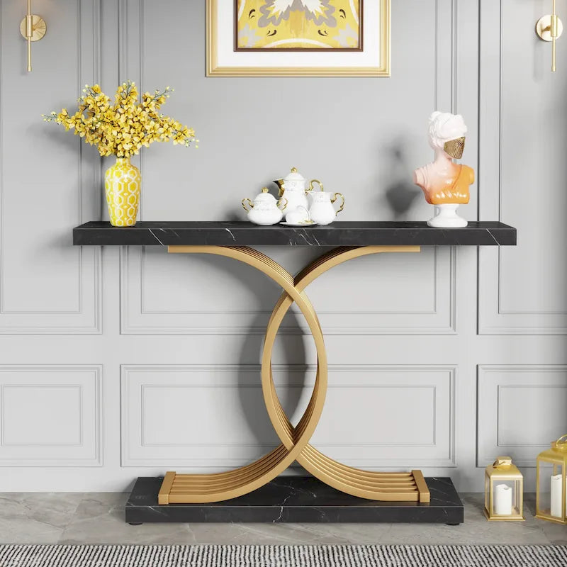 Schwarzer/goldener moderner Konsolentisch mit Marmoroptik-Tischplatte, 99 cm breiter Holztisch für den Eingangsbereich mit geometrischen Metallbeinen