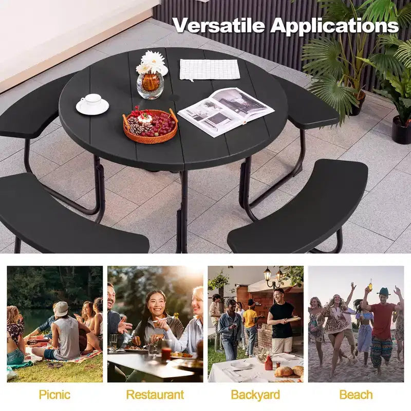Costway Outdoor 8-Personen-Rund-Picknicktisch-Bank-Set mit 4 Bänken & Sonnenschirmloch Schwarz/Grau/Grün/Weiß